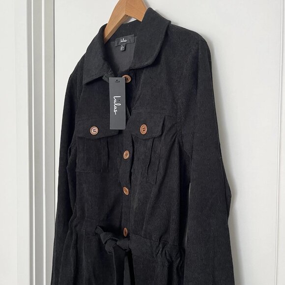 NWT Lulus Simple Affection Corduroy Mini Shirt Dress S Black Pockets Elegant - Picture 4 of 5